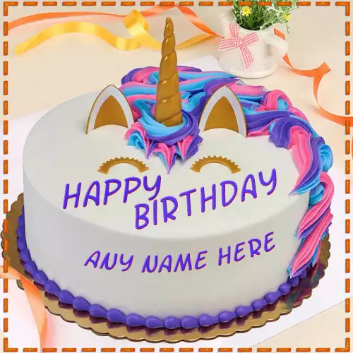 Colorful Unicorn Round Birthday Cake With Name